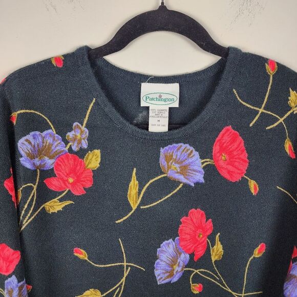 Patchington Floral Sweater Black Soft Acrylic Knit Pullover Top Crew Neck Size M - Picture 5 of 13